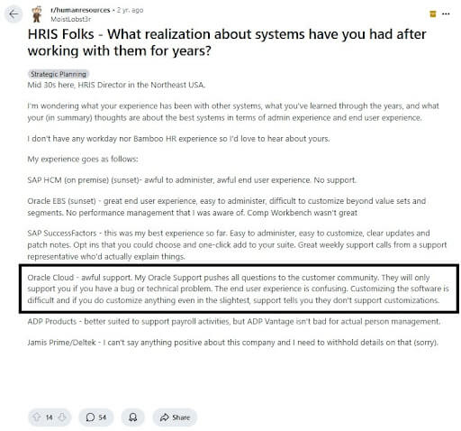 Reddit thread showing how organizations cannot rely solely on Oracle Support